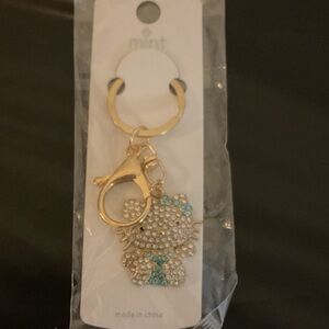Gold-Tone Kitty Keychain with Turquoise Accents